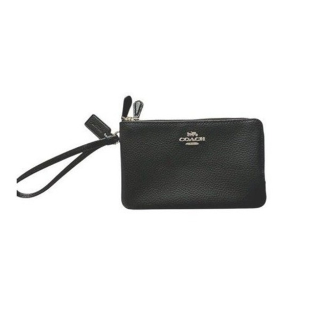 Coach Double Zip Wristlet Black Pebbled Leather Gold Logo Small Bag F87591